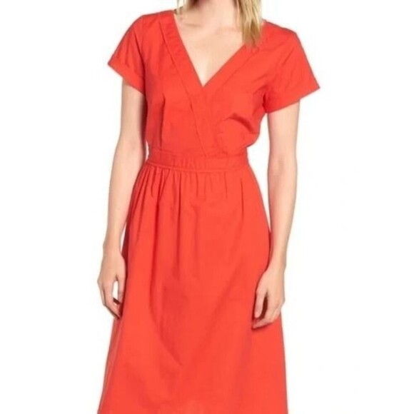 J. Crew Short Sleeve Cotton Poplin Red Orange Midi Dress Size 00 - Picture 2 of 14